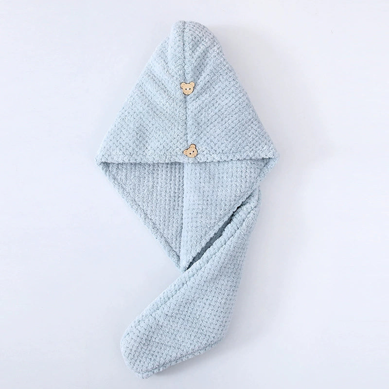 🐻Premium Super Absorbent Hair Drying Towel with Cute Bear Button | Candy fleece hair cap