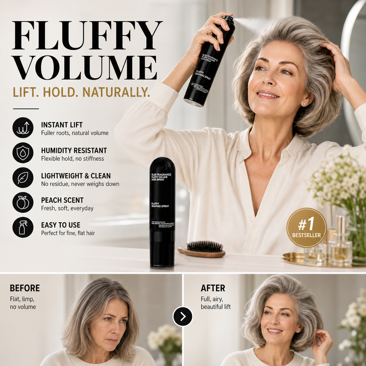 💨50% OFF NOW! Fluffy Hair Shaping Spray, Long Lasting Peach Scent Volumizing Hair Mist for All-Day Hold