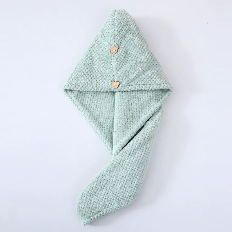 🐻Premium Super Absorbent Hair Drying Towel with Cute Bear Button | Candy fleece hair cap