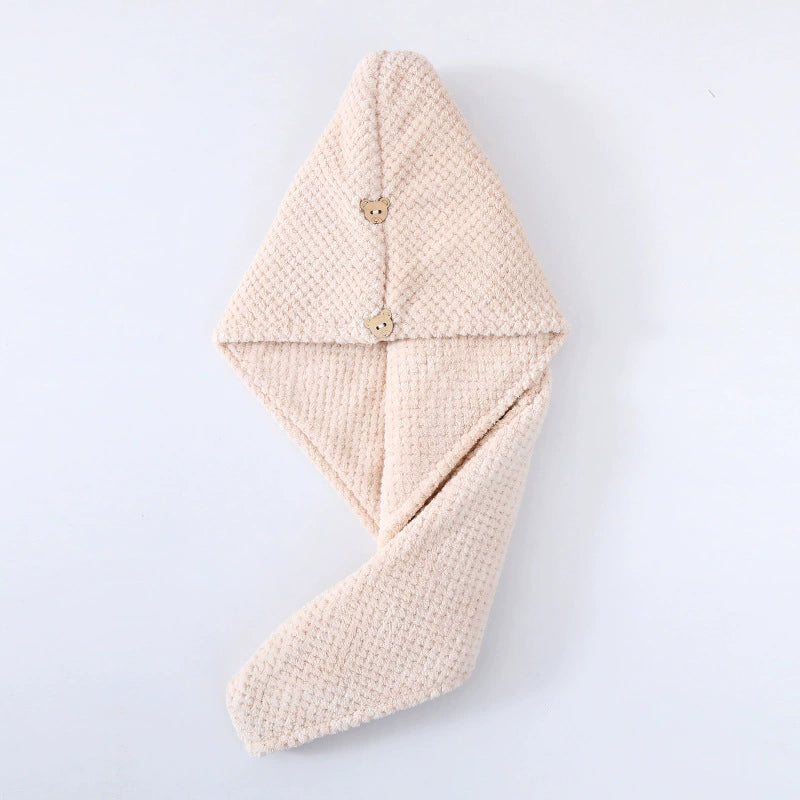 🐻Premium Super Absorbent Hair Drying Towel with Cute Bear Button | Candy fleece hair cap