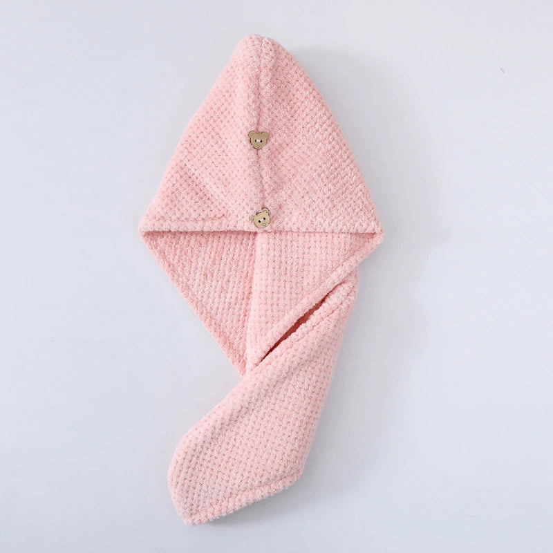 🐻Premium Super Absorbent Hair Drying Towel with Cute Bear Button | Candy fleece hair cap