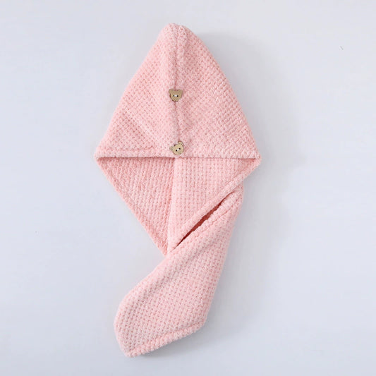🐻Premium Super Absorbent Hair Drying Towel with Cute Bear Button | Candy fleece hair cap